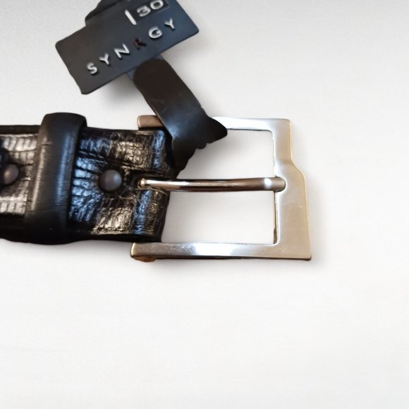 New Mens SNRGY Black Leather Reptile Embossed Brushed Silver Buckle 30" Belt - Picture 3 of 7